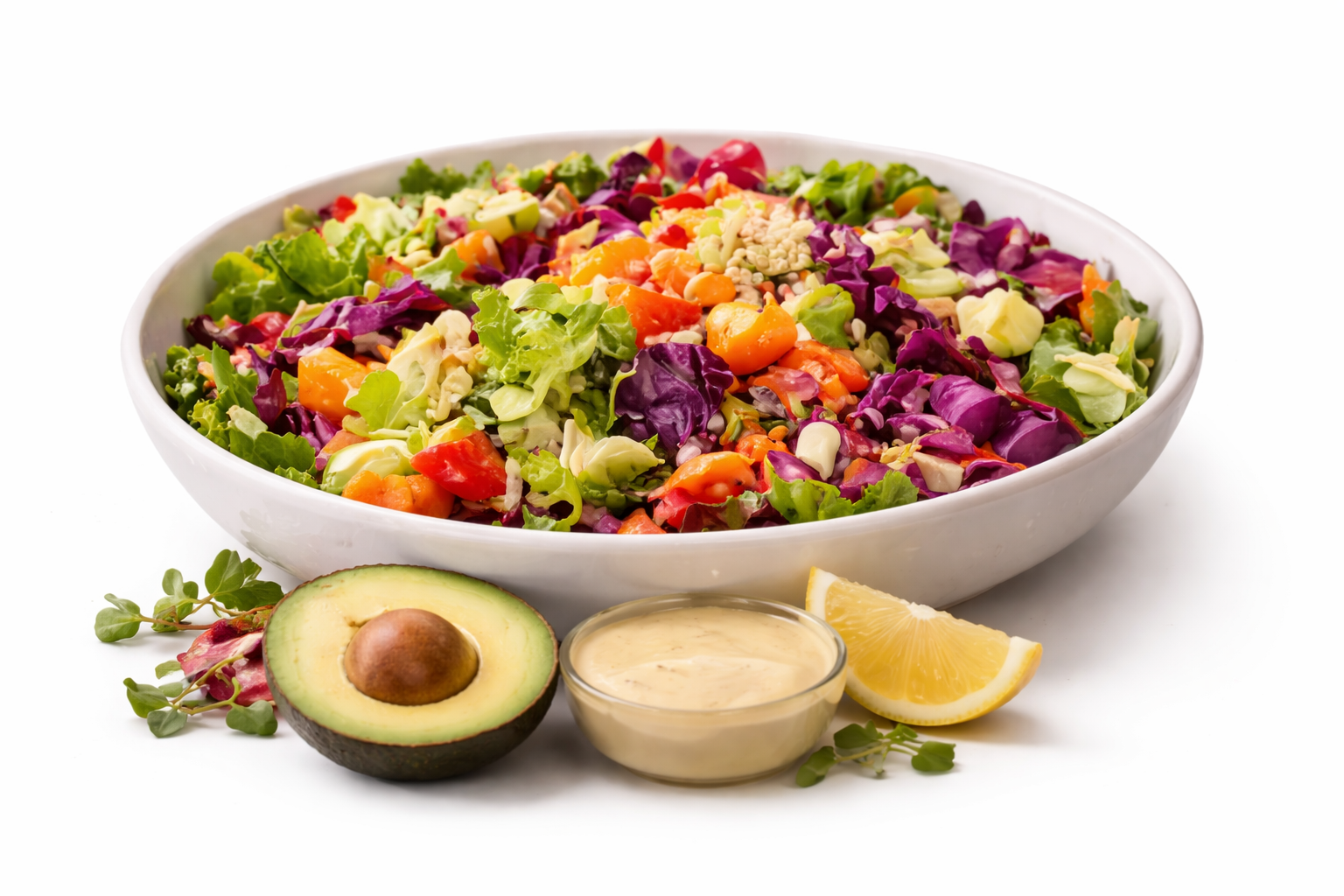A large white bowl filled with a colorful mixed salad including lettuce, purple cabbage, cherry tomatoes, chopped vegetables, and shredded cheese. Next to the bowl, an avocado half with seed, a lemon wedge, and a small bowl of creamy dressing are placed on a white background.