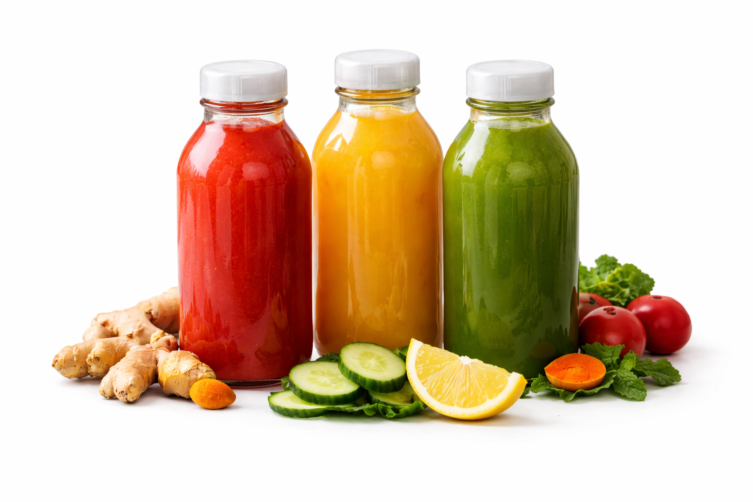 Three bottles of fruit and vegetable smoothies in red, yellow, and green, accompanied by fresh ingredients like ginger, cucumber, lemon, tomatoes, lettuce, and carrots.