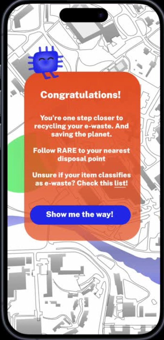 Smartphone screen displaying a congratulations message for e-waste recycling progress with a map background and a cute blue character. A button reads "Show me the way!"