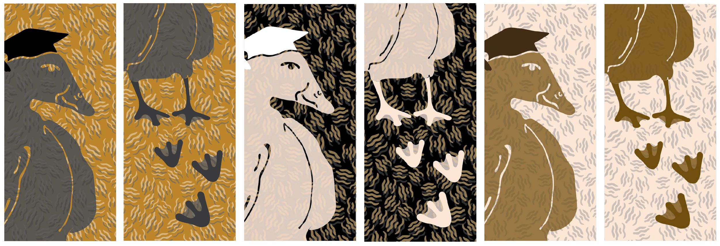 Abstract illustration of ducks and duck footprints in panels with textured backgrounds. Promoting graduation at ANU.