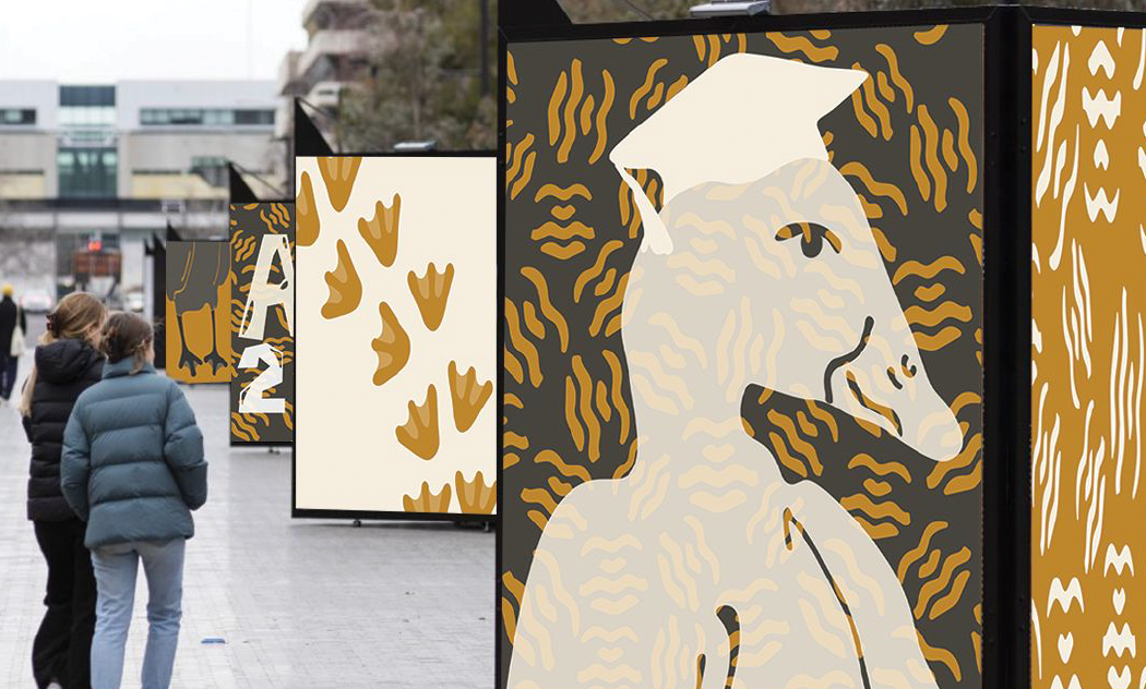 Street art display with abstract animal patterns on panels, people walking nearby. Promoting graduation at ANU.