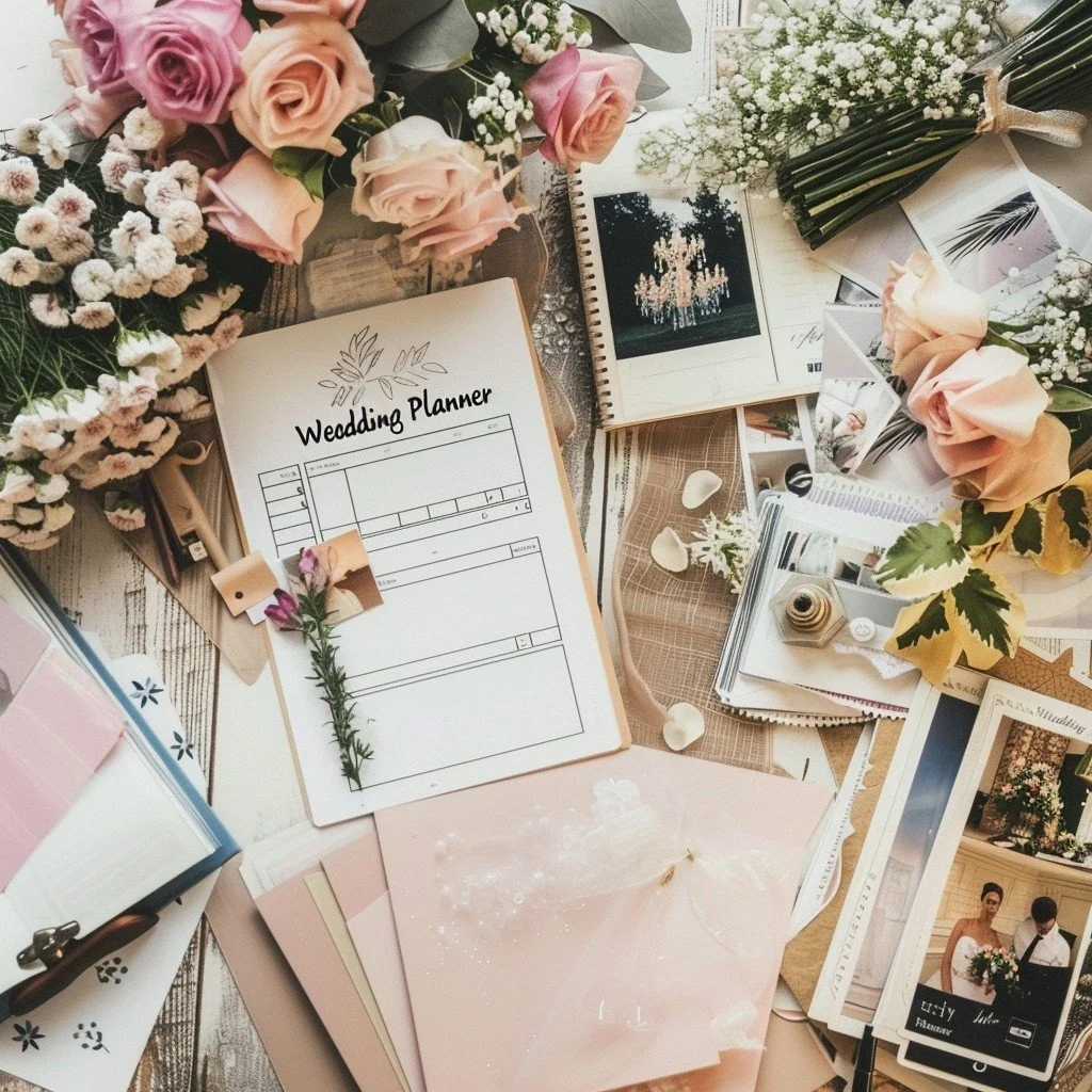 A flat lay of wedding planning materials, including a wedding planner notebook, photographs of a couple, a bouquet of blush roses and baby's breath, an open scrapbook, & various wedding decoration supplies.