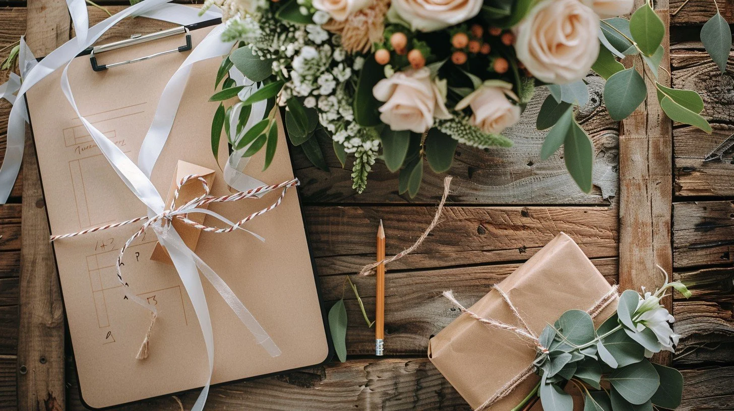 Flat lay of a wedding guestbook, a pen, wrapped gifts with flowers, and bouquet on a rustic wooden table.