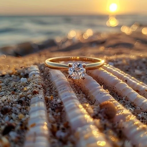 A gold ring with a large diamond sits on a beach with starfish, during sunset with the ocean and sun in the background.