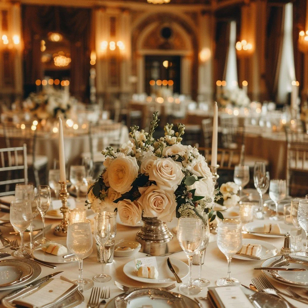 Elegant event table set with white roses, candles, and glassware in a grand, ornate room.