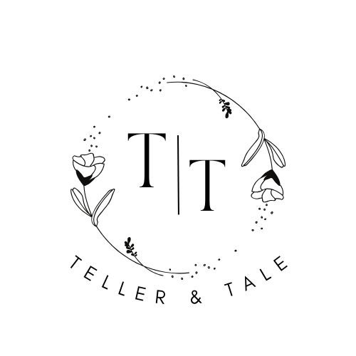 Minimalist logo with floral illustrations, the text "T T" in the center, and the words "Teller & Tale" curved along the bottom.