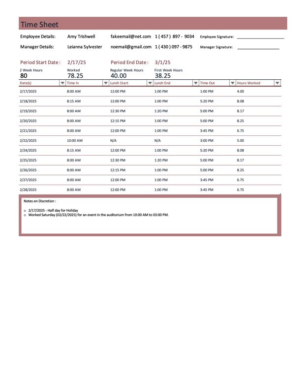Time sheet for employee Amy Trishwell, indicating work hours from 2/17/25 to 3/1/25, with details on time in, lunch, time out, and hours worked. Includes notes on holiday and special event. Manager details: Leianna Sylvester.