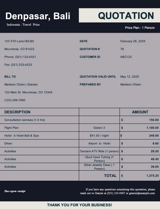 Quotation for a trip to Denpasar, Bali, detailing services and costs including a flight plan, hotel stay, consultation services, transportation, and various activities. Total cost is $1,375.25. Prepared by Madison Chism. Includes contact information and validity date.