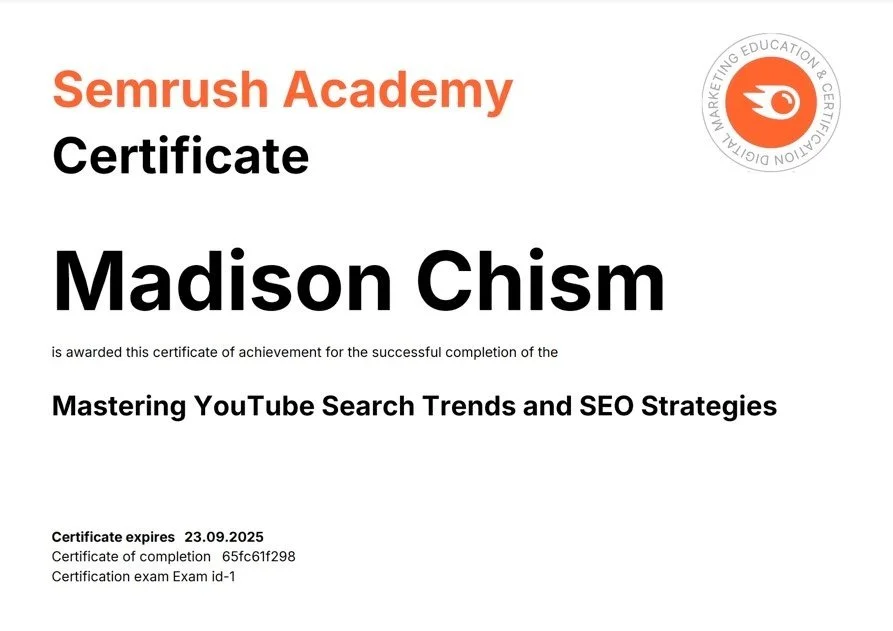 Semrush Academy certificate for Mastering YouTube Search Trends and SEO Strategies