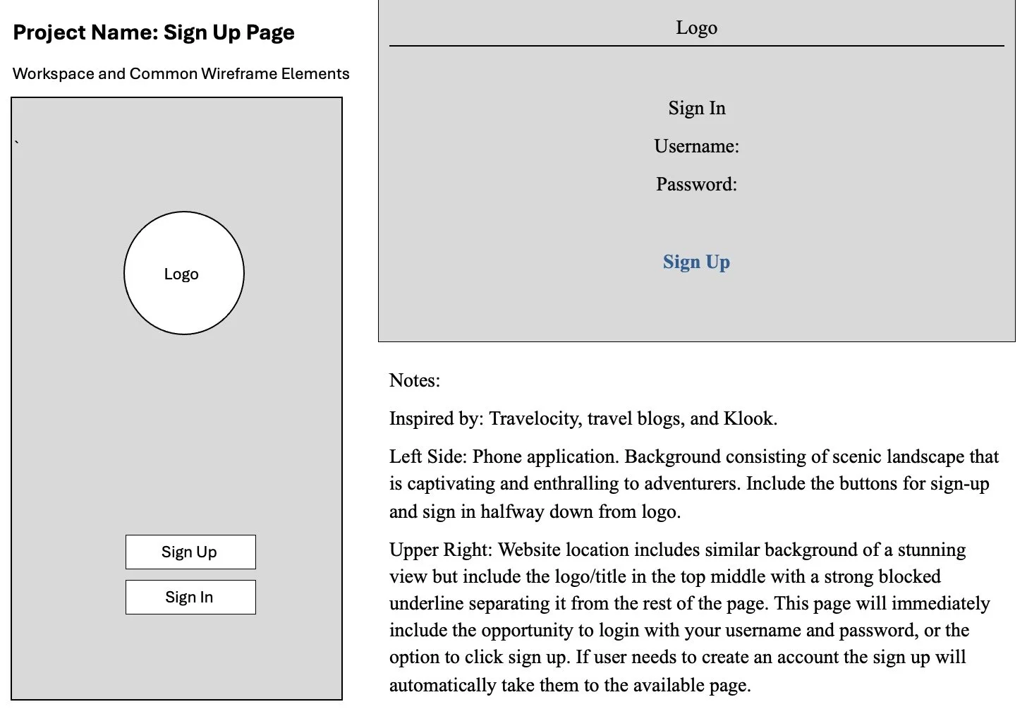 Wireframe for a sign-up page, featuring a mobile app layout on the left with a logo and buttons for 'Sign Up' and 'Sign In'. The website layout on the right includes a logo, username and password fields for signing in, and a 'Sign Up' link.