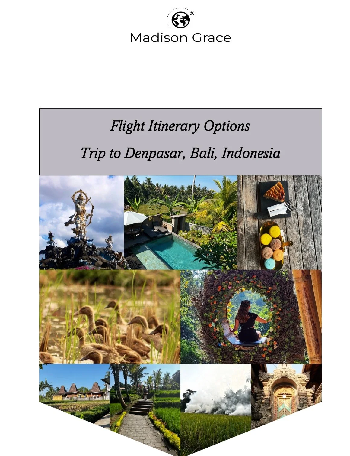 Travel brochure for a trip to Denpasar, Bali, Indonesia with images of Balinese statues, a swimming pool, assorted macarons, ducks in a field, a woman in a woven nest, scenic pathways, rice fields, and traditional Balinese architecture. Logo and header text at the top.