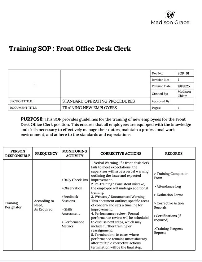 Training SOP document for Front Office Desk Clerk, detailing standard operating procedures for training new employees. Includes purpose, person responsible, frequency, monitoring activity, corrective actions, and records.