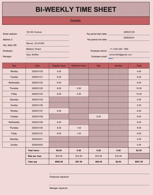 Bi-weekly timesheet for Madison Grace covering January 20 to February 1, 2025. Includes daily breakdown of regular, overtime, sick, and vacation hours. Total hours are 82.5, with regular hours at 68.0, overtime at 6.5, and sick leave at 8.0 hours. Total pay calculated as $857.50. Employee and manager signature lines at the bottom. Contact and employee details are provided.