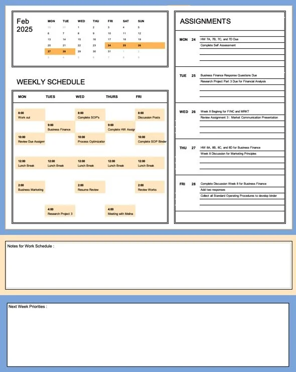 February 2025 calendar and weekly schedule on a planner. The left section lists a weekly schedule with activities such as workouts, business finance, marketing, and meetings. The right section contains assignments due dates, including research projects and discussions. Empty sections are labeled for notes and next week priorities.