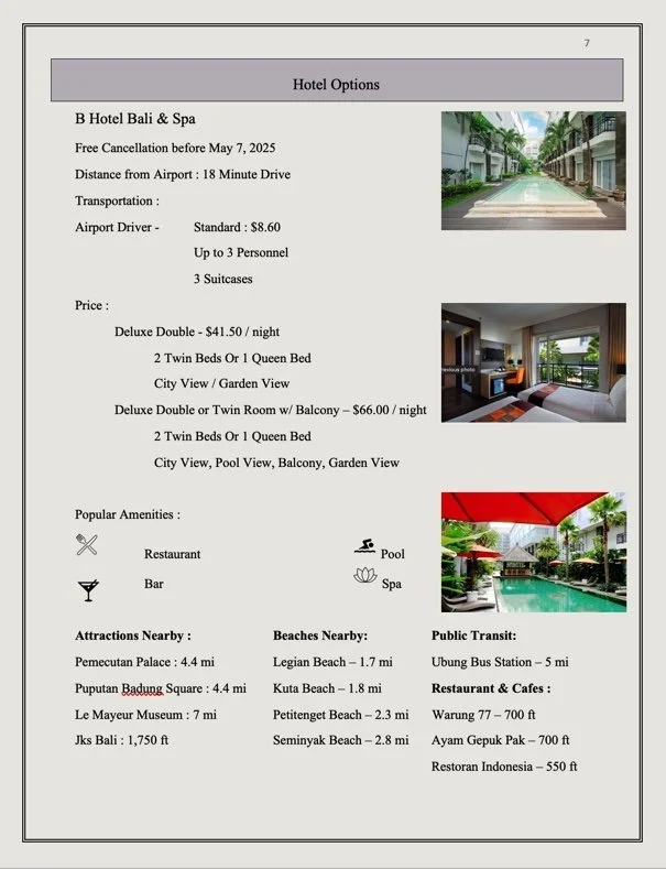 A brochure page for B Hotel Bali & Spa showing accommodation details, pricing, popular amenities like a restaurant, pool, bar, spa, and nearby attractions. Prices for rooms range from $41.50 to $66.00 per night with different views and amenities. Also includes transportation options and public transit information with nearby attractions, beaches, and restaurants.