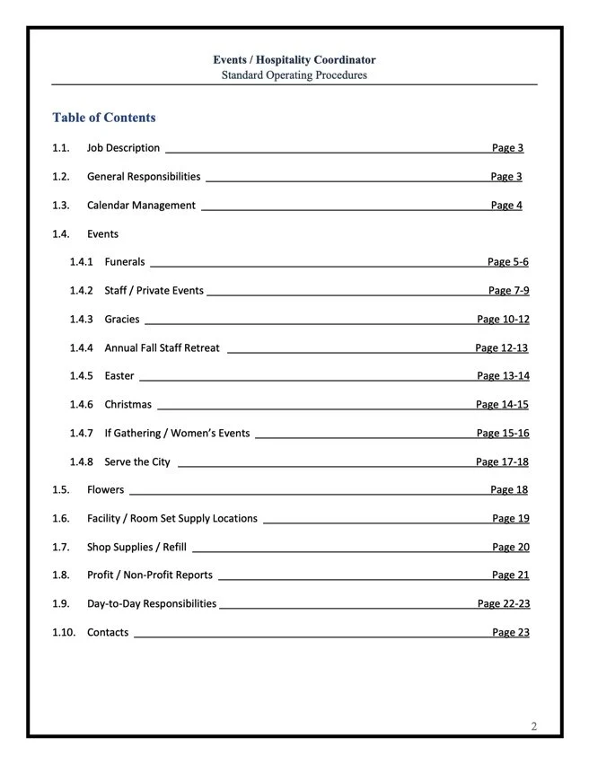 Image of a table of contents for Events/Hospitality Coordinator Standard Operating Procedures document. Sections include Job Description, General Responsibilities, Calendar Management, Events (including Funerals, Staff/Private Events, Gracies, Annual Fall Staff Retreat, Easter, Christmas, If Gathering/Women’s Events, Serve the City), Flowers, Facility/Room Set Supply Locations, Shop Supplies/Refill, Profit/Non-Profit Reports, Day-to-Day Responsibilities, and Contacts with respective page numbers.
