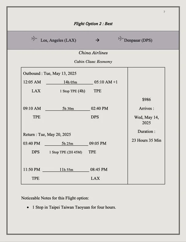 Flight itinerary for China Airlines from Los Angeles (LAX) to Denpasar (DPS), featuring a layover in Taipei (TPE), dated May 13, 2025. Return trip on May 20, 2025, arrives May 14, 2025, total duration 23 hours 35 minutes, cost $986. Includes flight times and layover details.
