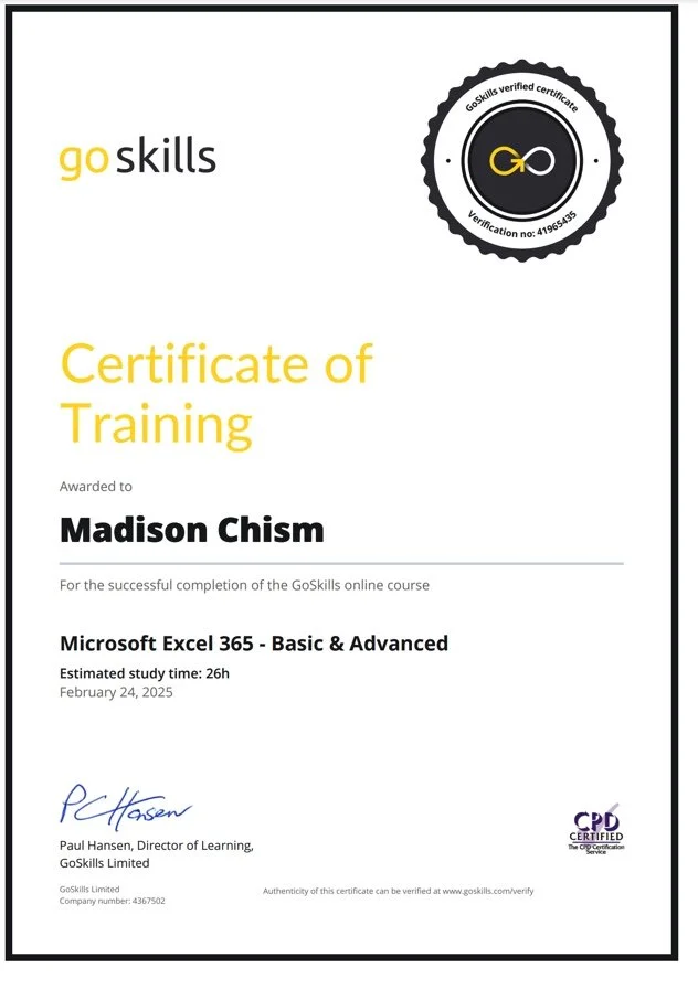 GoSkills Certificate of Training for Microsoft Excel 365 Basic & Advanced.