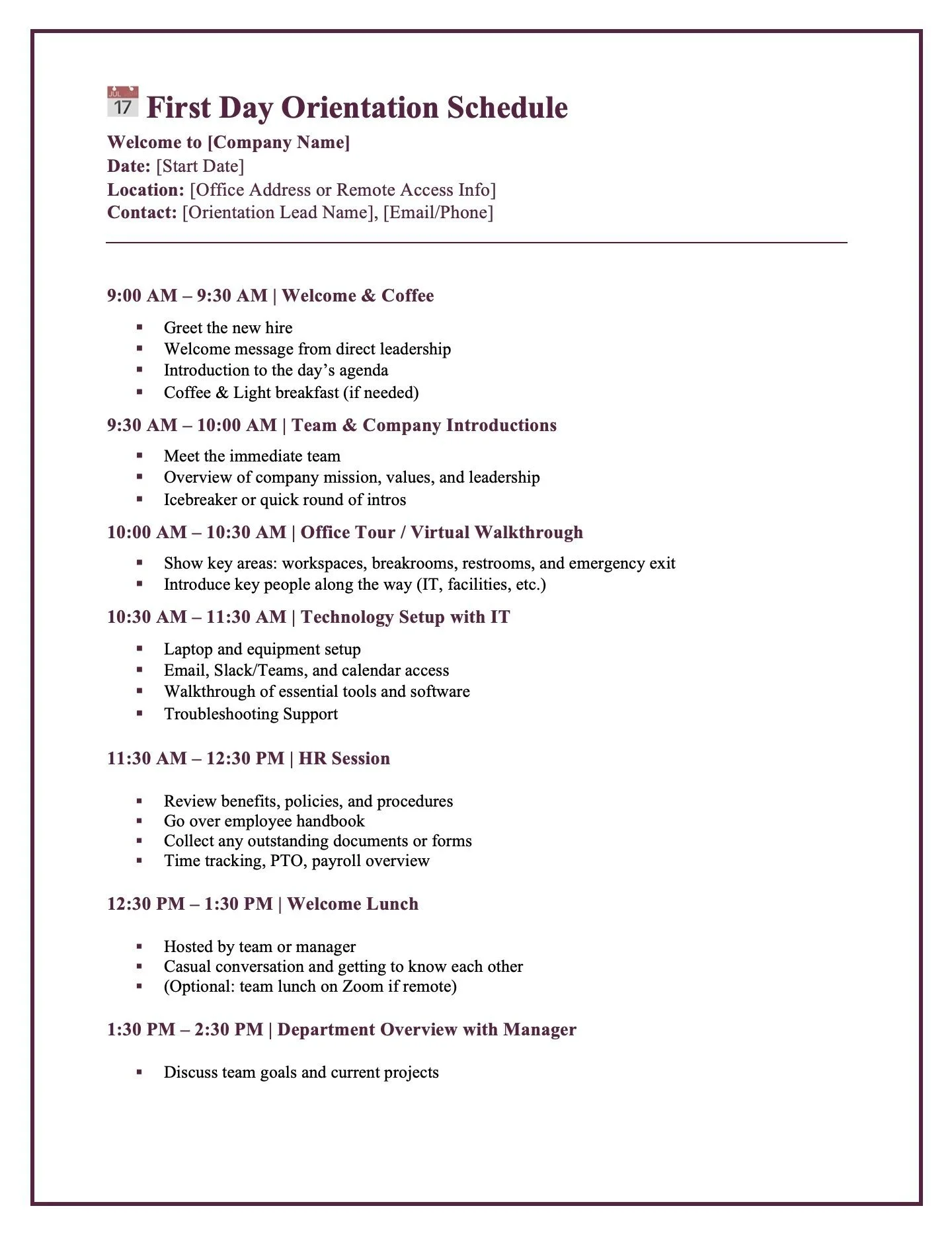 First Day Orientation Schedule with sessions for welcome, introductions, office tour, IT setup, HR session, lunch, and department overview. Includes time slots and activities for each session.