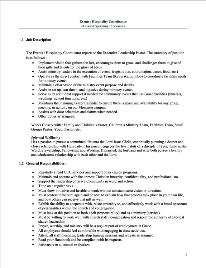 Page from a document titled 'Events / Hospitality Coordinator Standard Operating Procedures,' detailing the job description and general responsibilities for the role. Tasks include assisting ministry leaders, event coordination, and maintaining the planning center calendar. The document also outlines spiritual wellbeing and requirements to support church services and maintain professional conduct.