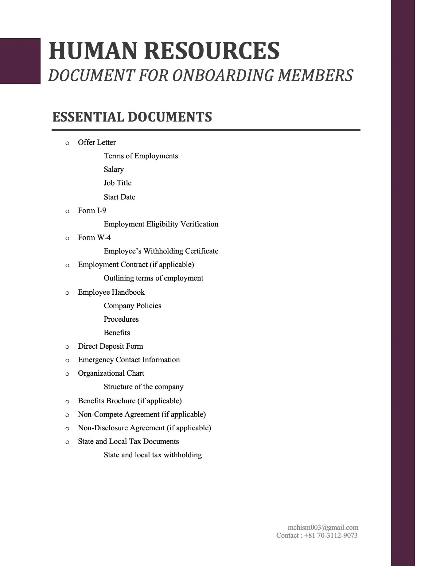Human Resources onboarding document outlining essential documents needed, including offer letter, Form I-9, Form W-4, employment contract, employee handbook, direct deposit form, emergency contact information, organizational chart, benefits brochure, non-compete agreement, non-disclosure agreement, and state and local tax documents. Contact information at bottom.