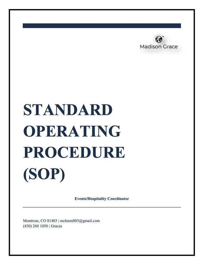 Cover page of a Standard Operating Procedure document titled "STANDARD OPERATING PROCEDURE (SOP)" for Events/Hospitality Coordinator, with contact information including an email, phone number, and location in Montrose, CO.