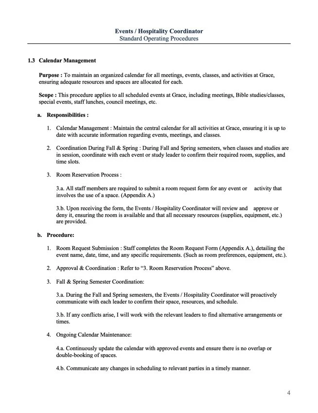 Document outlining calendar management procedures for Events / Hospitality Coordinator, including purpose, scope, responsibilities, and procedures for managing events, meetings, and room reservations at Grace.