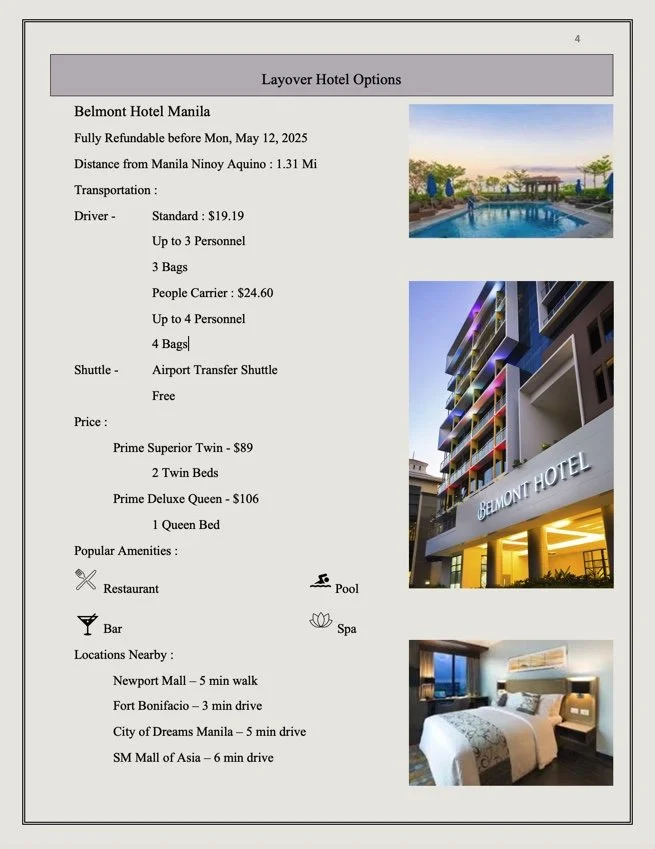 Brochure page for Belmont Hotel Manila featuring layover options. Information includes full refund options, distance from Manila Ninoy Aquino airport, transportation costs, room prices, amenities like a restaurant, pool, bar, spa, and nearby attractions such as Newport Mall, Fort Bonifacio, City of Dreams Manila, and SM Mall of Asia. Images show the hotel exterior, a pool, and a hotel room.