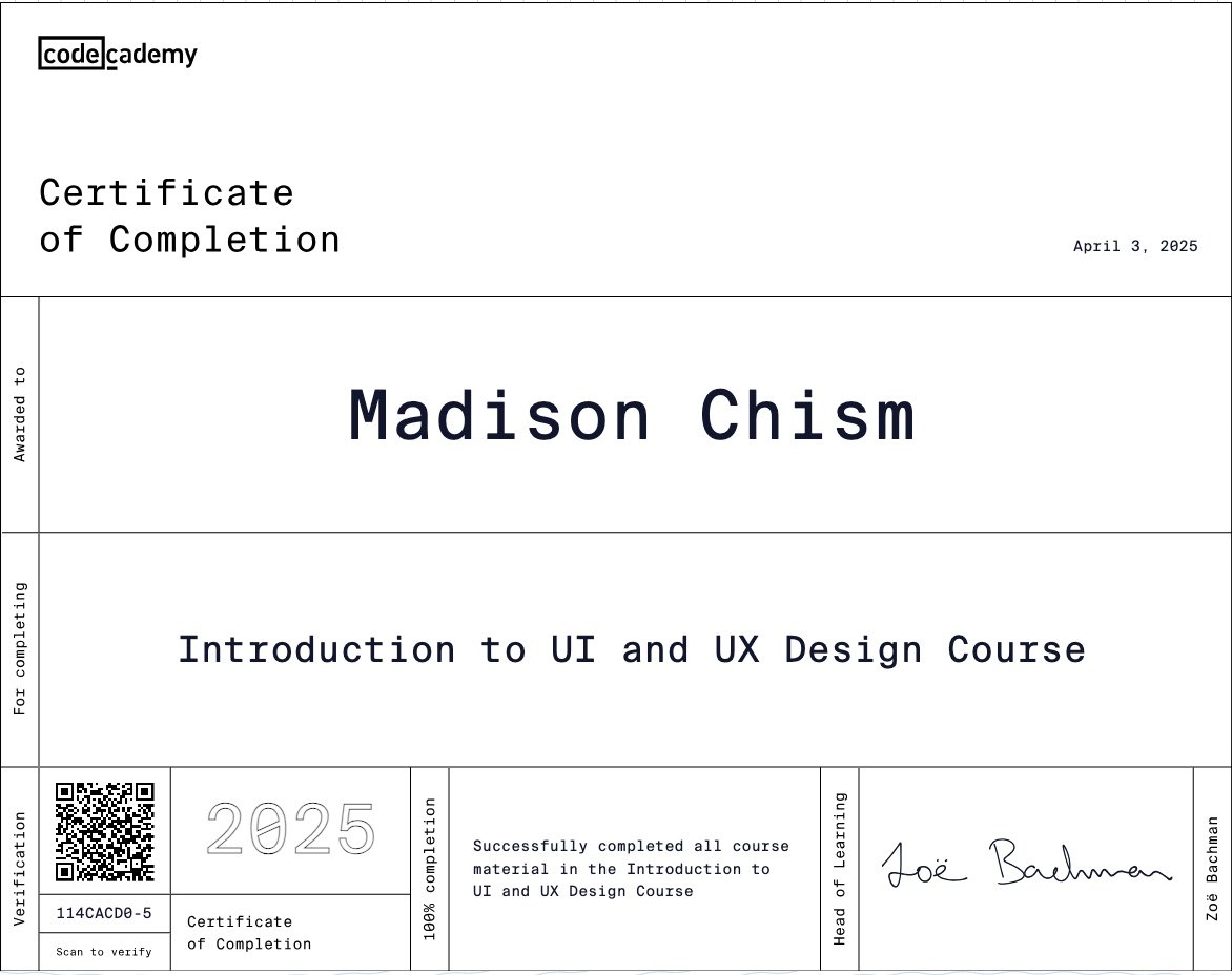 Certificate of completion from Codecademy for an Introduction to UI and UX Design Course.