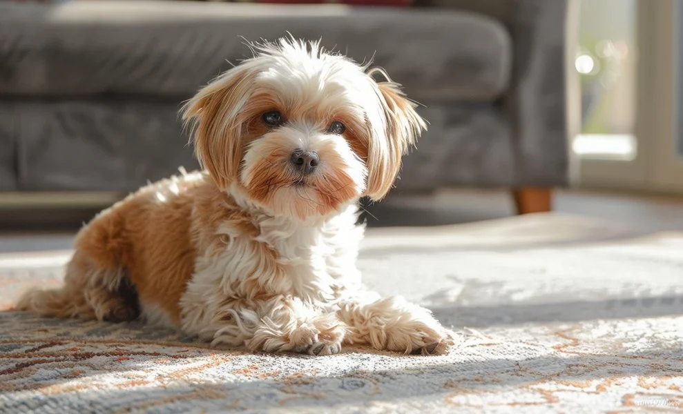 Cut dog sitting on clean carpet in front of clean sofa furniture
