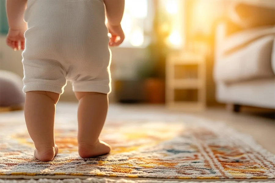 Baby standing on clean area rug next to clean furniture sofa couch
