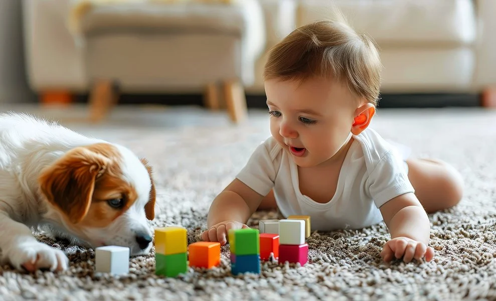 A child and puppy playing on clean carpet