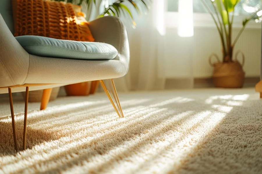 Clean carpet and furniture chair sun coming through window
