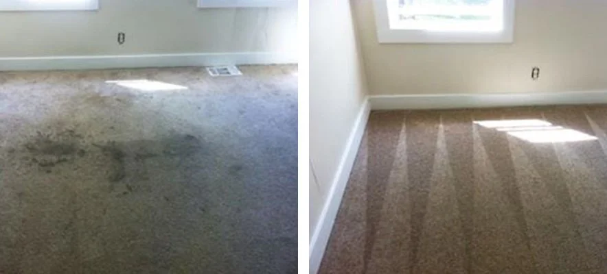 Side-by-side comparison of a beige carpet, showing stained and worn carpet on the left and clean, freshly vacuumed carpet on the right.