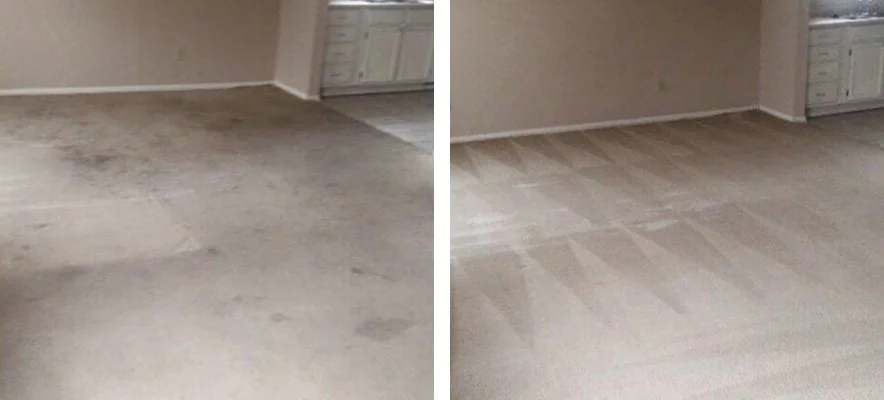 Comparison of a dirty carpet before and after cleaning, showing stained carpet on the left and clean carpet on the right.