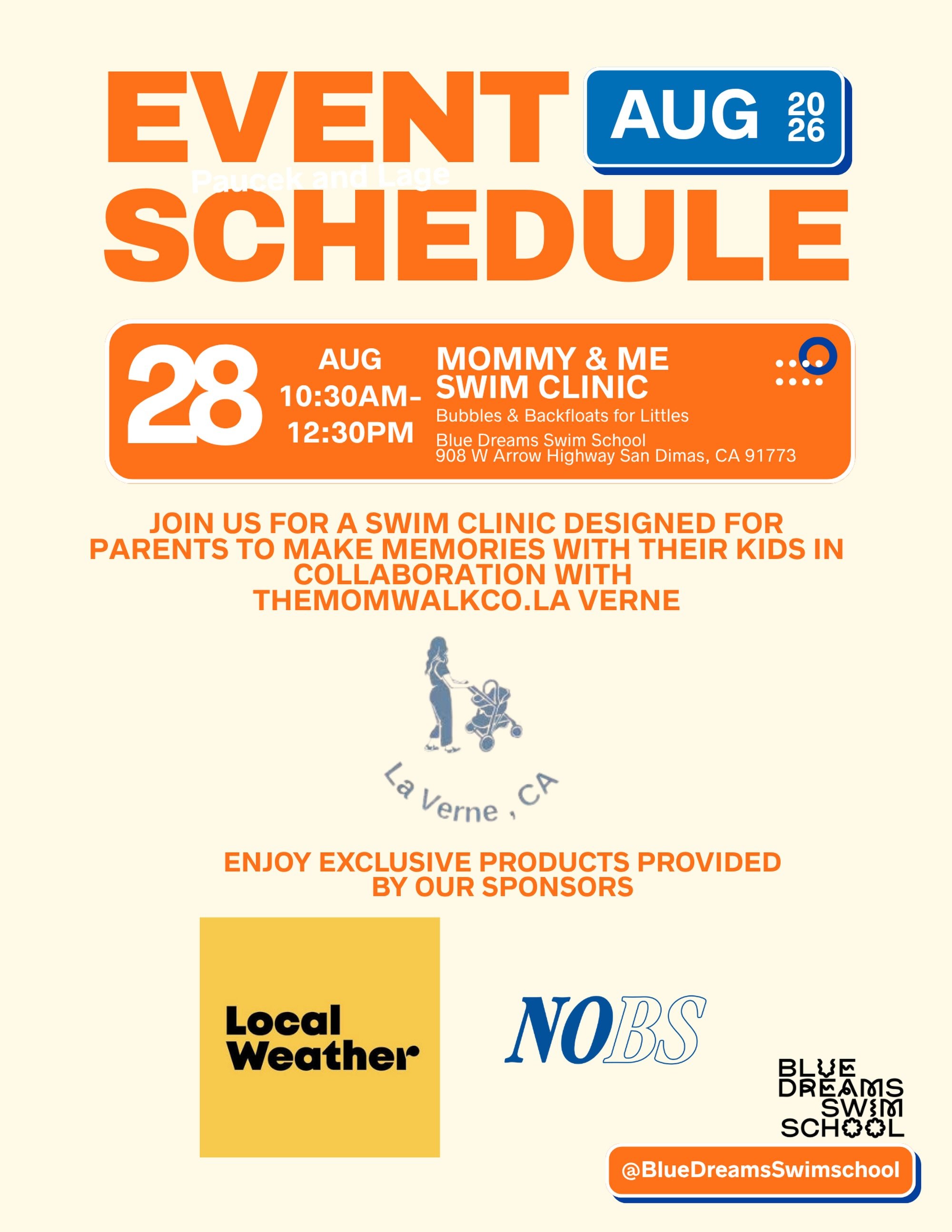 This Friday at 1030, join Blue Dreams Swim School &amp; @themomwalkco.laverne for a one of kind swim clinic designed for YOU and your family to feel safer and more informed around the water this season. 

We will have an assortment provided by our sp