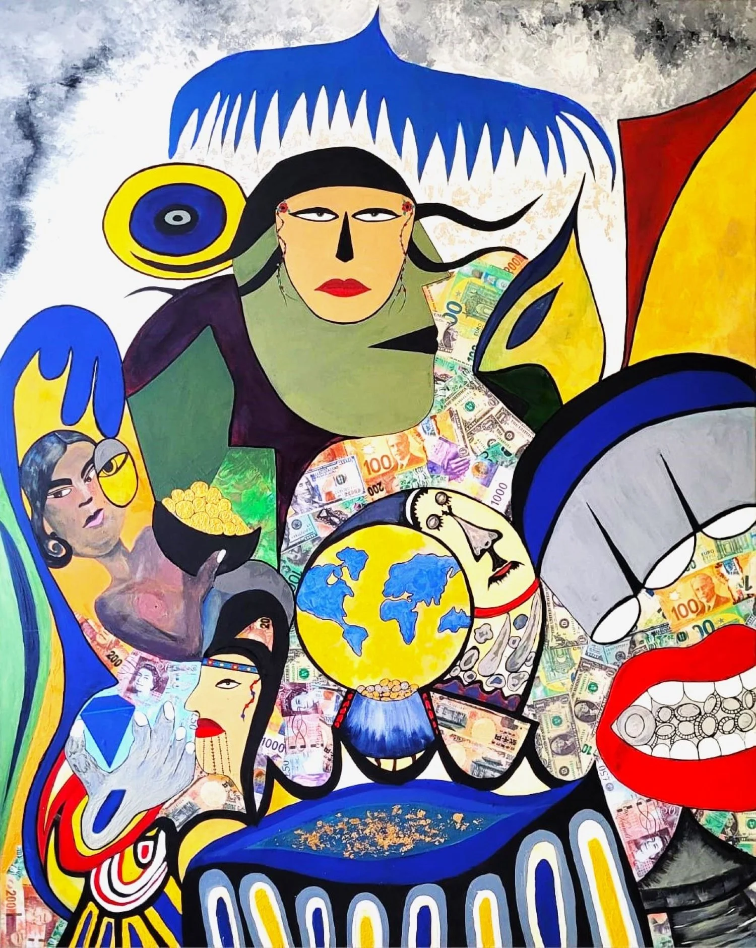 “A Culture of Wealth,” is a diptych that reflects on the ways capitalism has influenced Inuit culture. In this work, Inuit myths, such as Sedna, are reinterpreted, while ancestors and spirits watch over the Inuit as they learn to process these influe