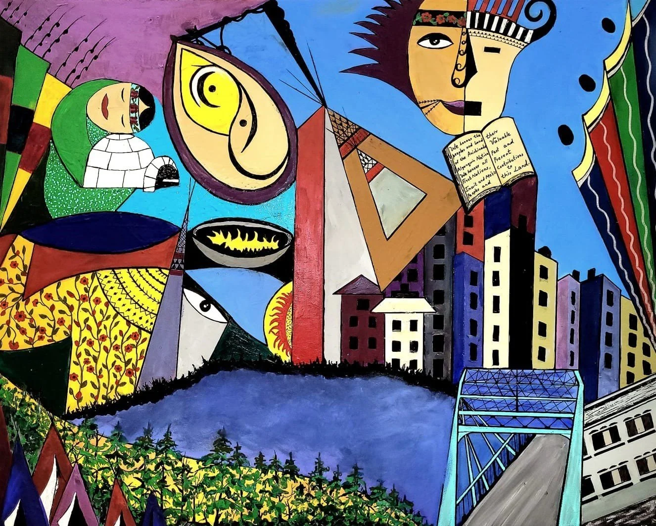 "A Land and its People," includes all Indigenous peoples and settlers in Canada. The vibrant strips on the left and right represent the diverse settler groups coexisting alongside Indigenous communities. I juxtapose modern development, such as Zibi’s