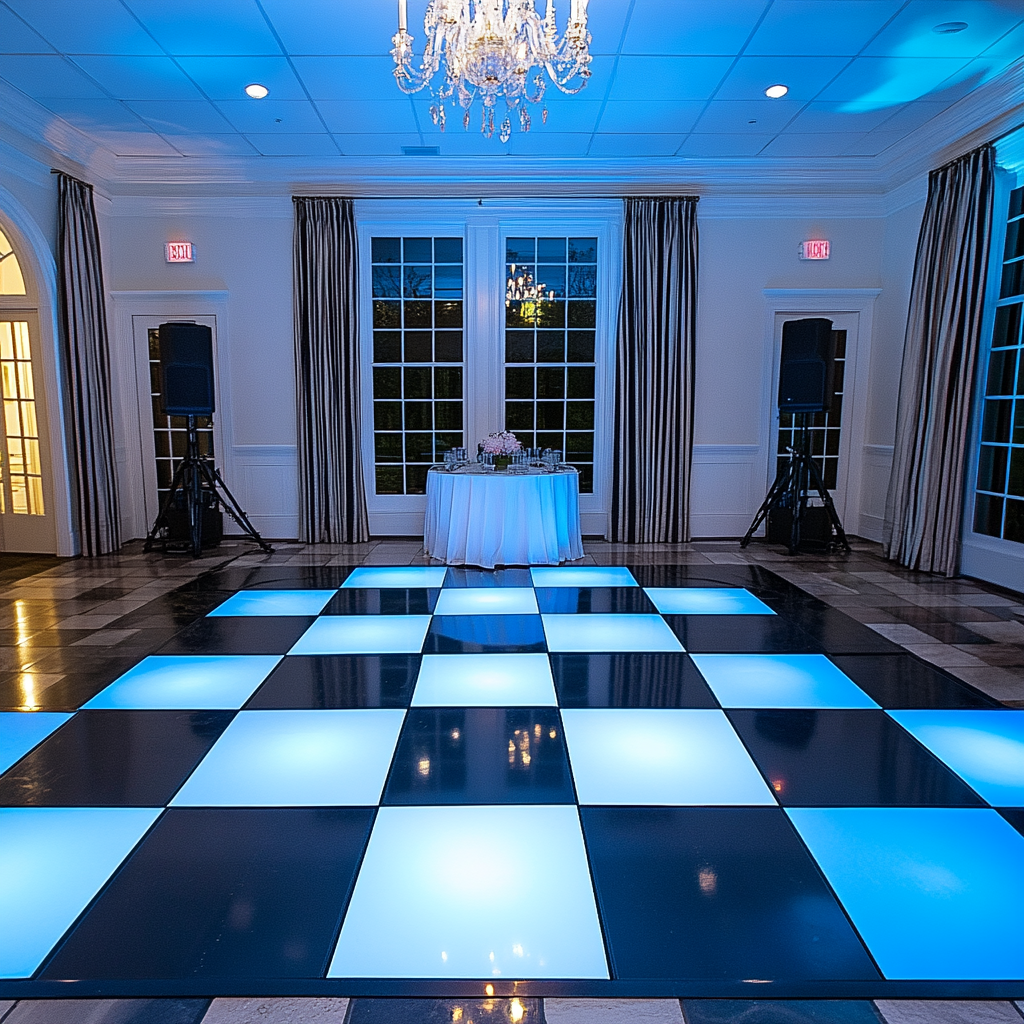 Image of a black and white dancefloor with beautiful lighting