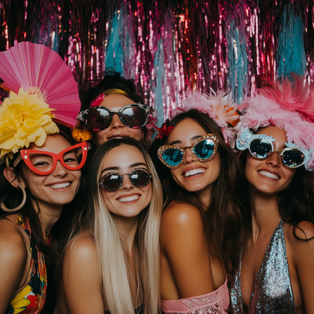 Group of smiling people wearing colorful sunglasses and fun headpieces in front of a festive backdrop.