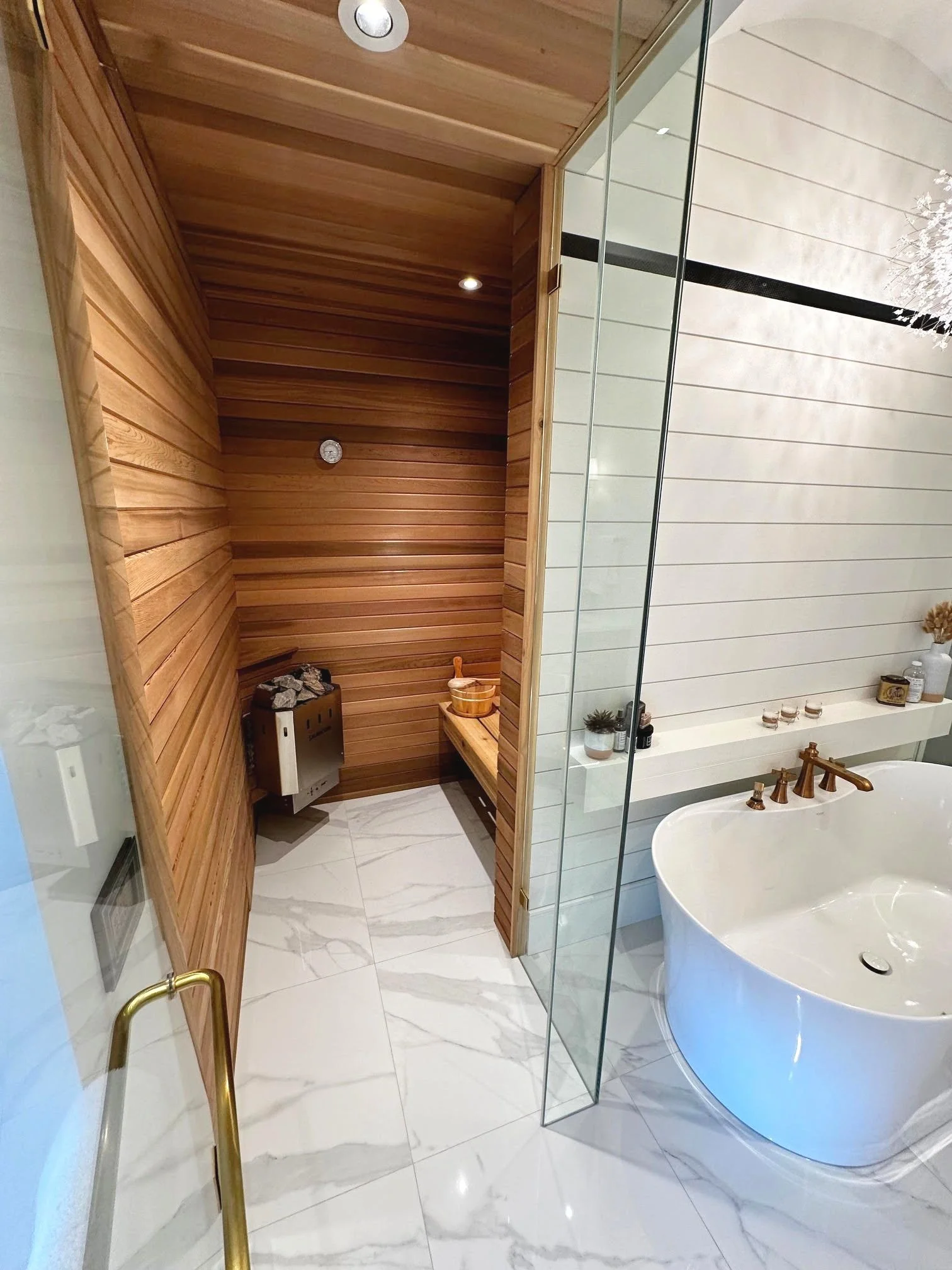 Sauna in Primary Ensuite. Custom Home Build in Rose Valley, West Kelowna, BC by Pure Build Construction. 