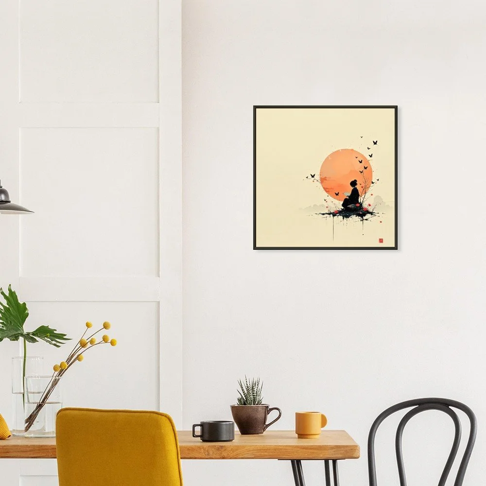 Meditative silhouette under a rising sun – minimal Japanese style