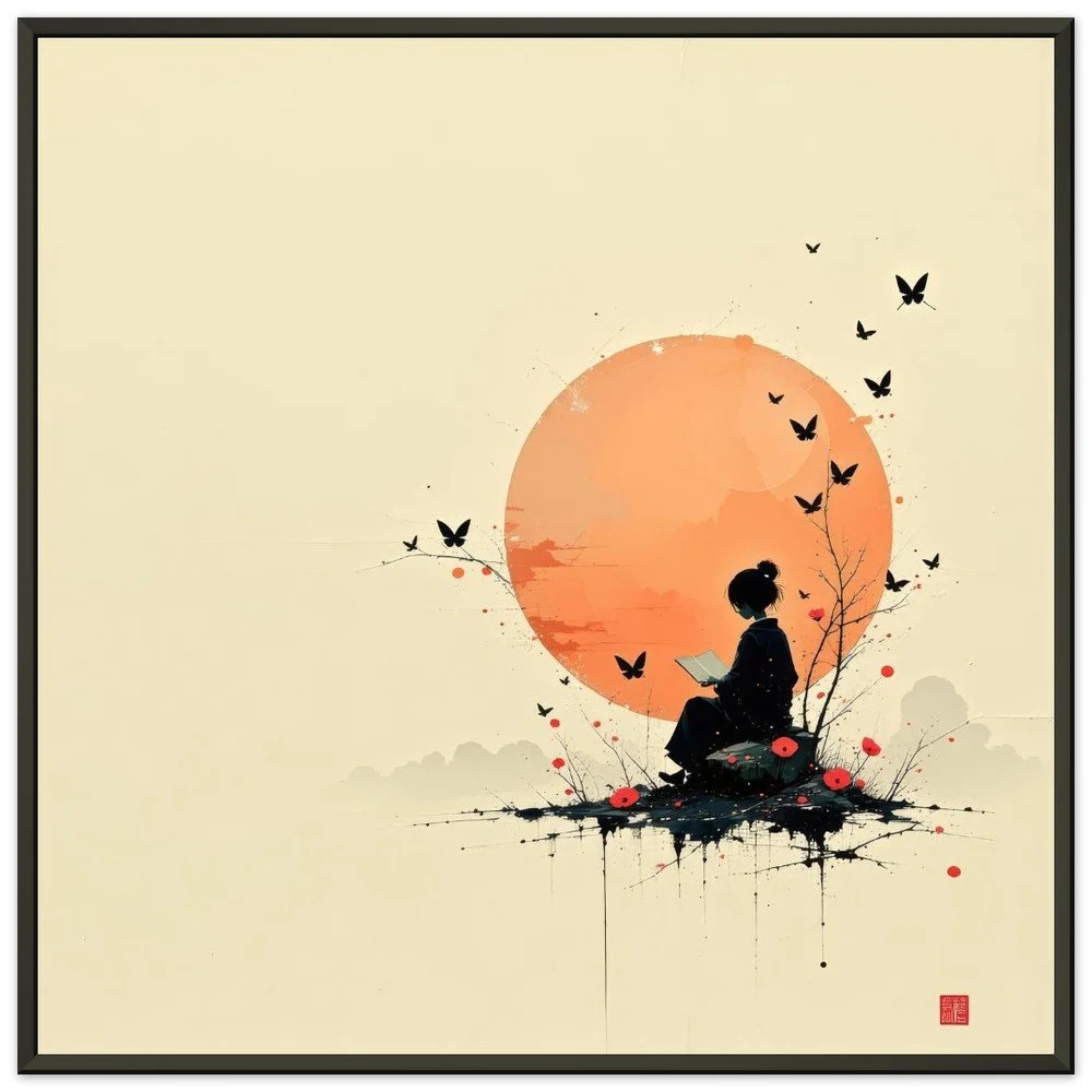 Meditative silhouette under a rising sun – minimal Japanese style