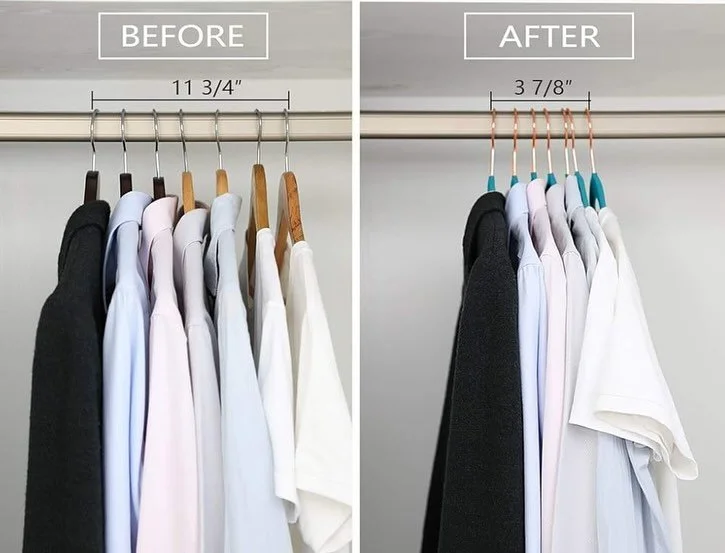 ✨Small change, big impact!✨⁣
⁣
Switching to slim velvet hangers saves major space while keeping your closet neat + stylish. These aren&rsquo;t my photos, but this is exactly the type of transformation I create for my clients. ⁣
⁣
More space. Less str
