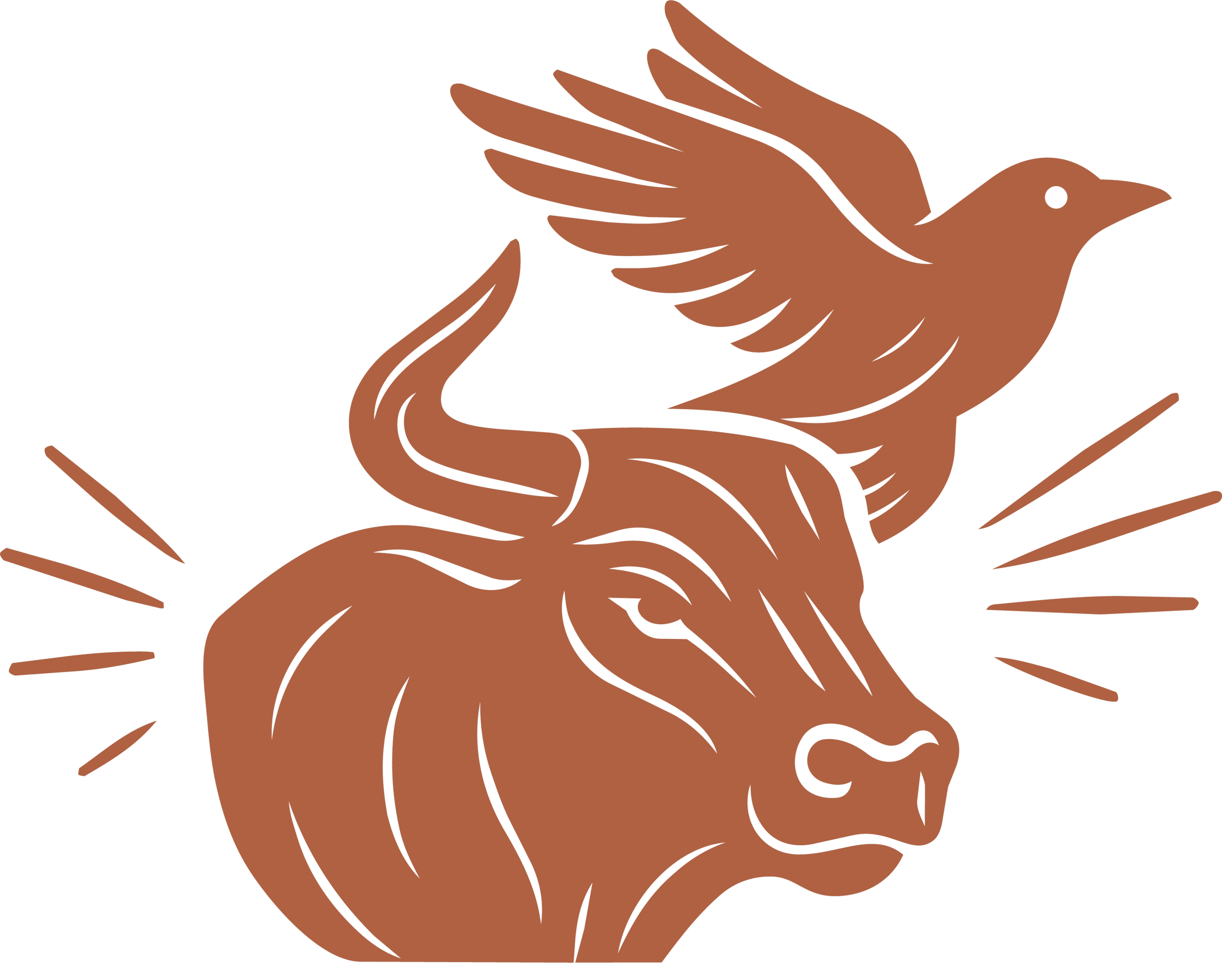 A graphic illustration of a stylized brown bird with wings spread, surrounded by radiating lines on a black background.