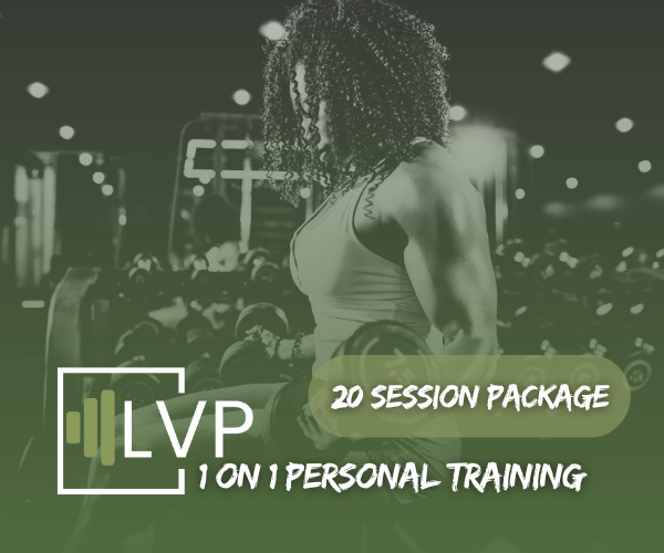 A woman working out with dumbbells in a gym, promoting a 20 session package for personal training at LVP.