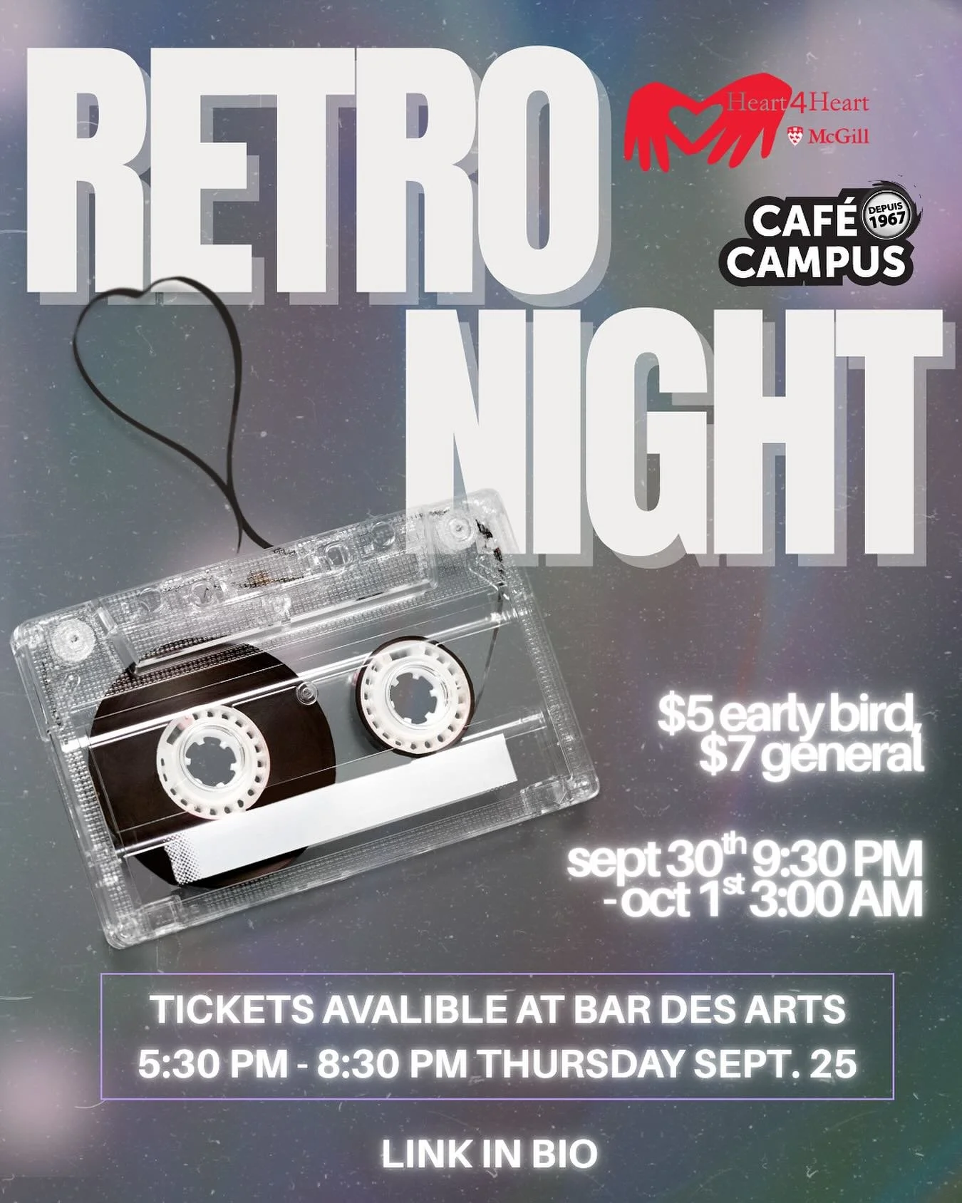 Come out to BDA (Bar des Arts) this Thursday to purchase your Retro Night Cafe Campus tickets happening on Tuesday, September 30th 💽💽💽

Get your ticket while supplies last 🎟️🎟️🎟️

📍Ticket purchase/pickup at Bar des Arts 
⏰ 5:30 pm - 8:30 pm BD