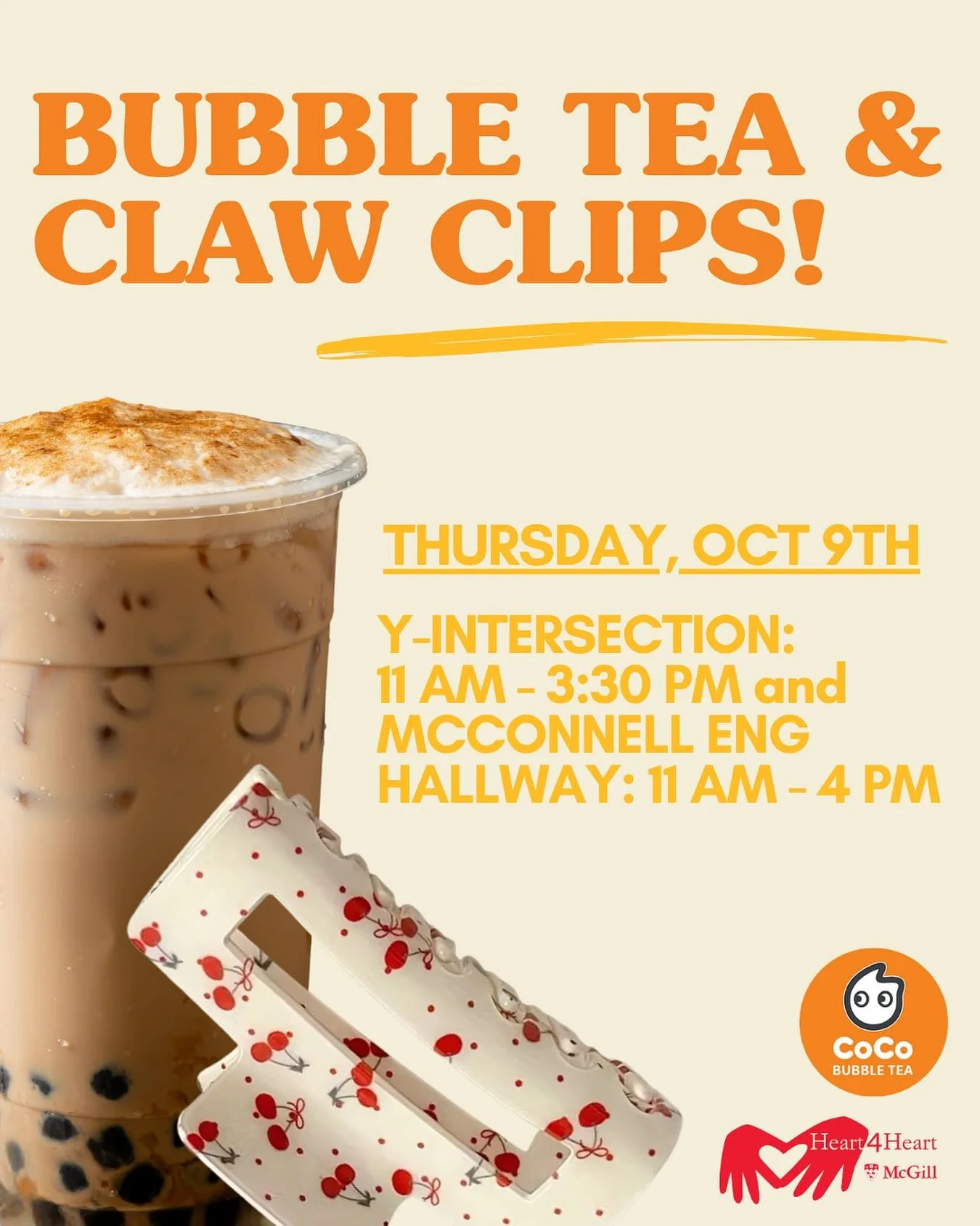 BUBBLE TEA IS BACK! Find us at the Y intersection or McConnell to get the best bubble tea from CoCo and see our array of stylish claw clips! 🧋🧋🧋

🧋Bubble tea - $5
🎀Claw clips - $3.99