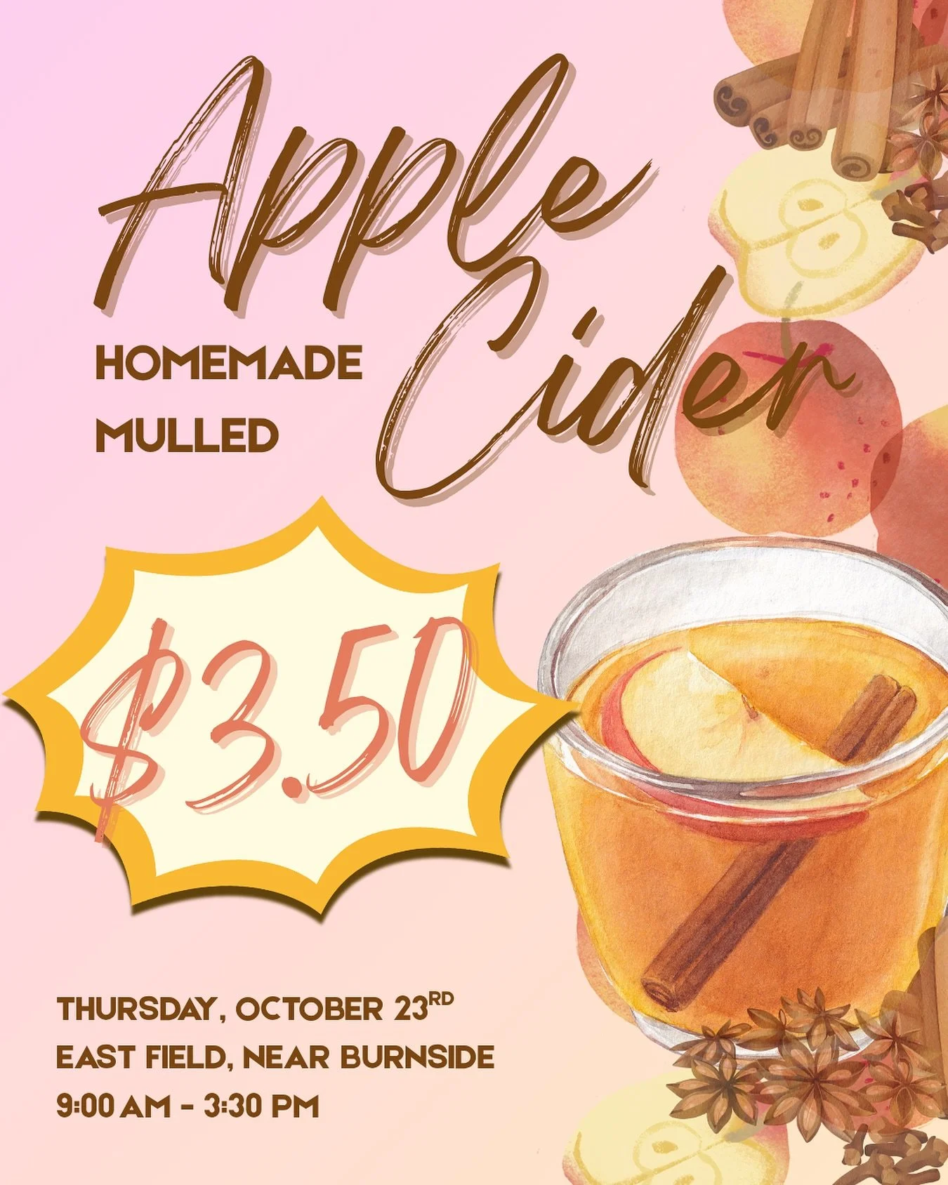 Embrace the fall weather with some homemade mulled apple cider! This is the perfect beverage to keep you warm for a chilly fall day and the perfect reward for taking those midterms 😋☕️🍁

📍East field, near Burnside
⏰9:00 am - 3:30 pm
🗓️ Thursday, 