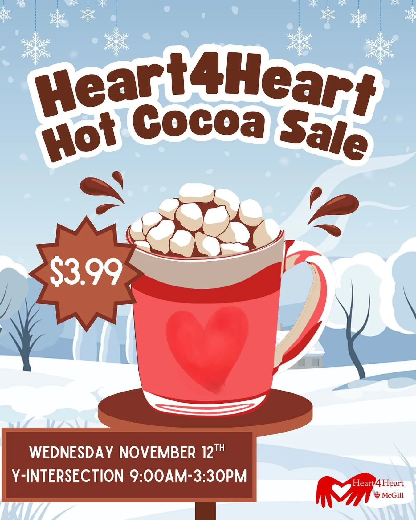 Celebrate the first snowfall of the semester with the coziest glass of hot chocolate! We&rsquo;ve stocked up on whipped cream, marshmallows, and sprinkles so you can build your perfect cup. Join us this Wednesday at the Y-intersection from 9:00AM-3:0